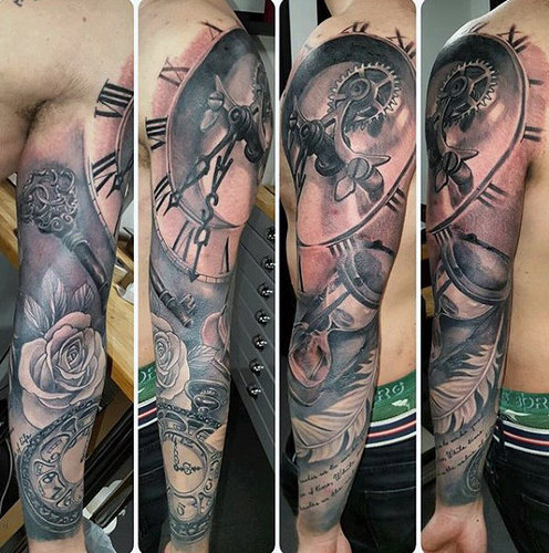 full-sleeve-clock-and-hourglass-tattoos-for-men